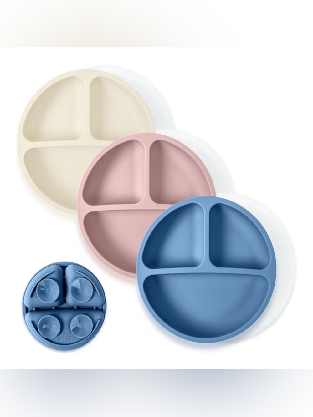 Silicone Suction Divided Kids Plate - Blue, Pink, Cream